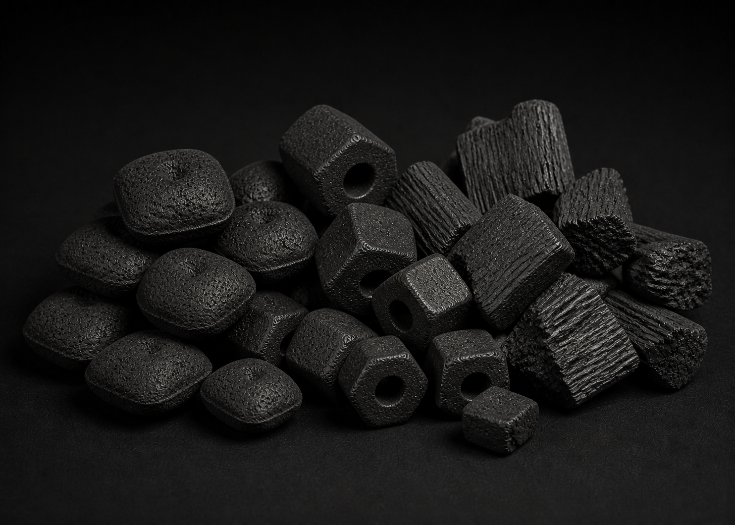 Illustrative assortment of unlit BBQ pillow briquettes, channelled sawdust briquettes and lump wood charcoal