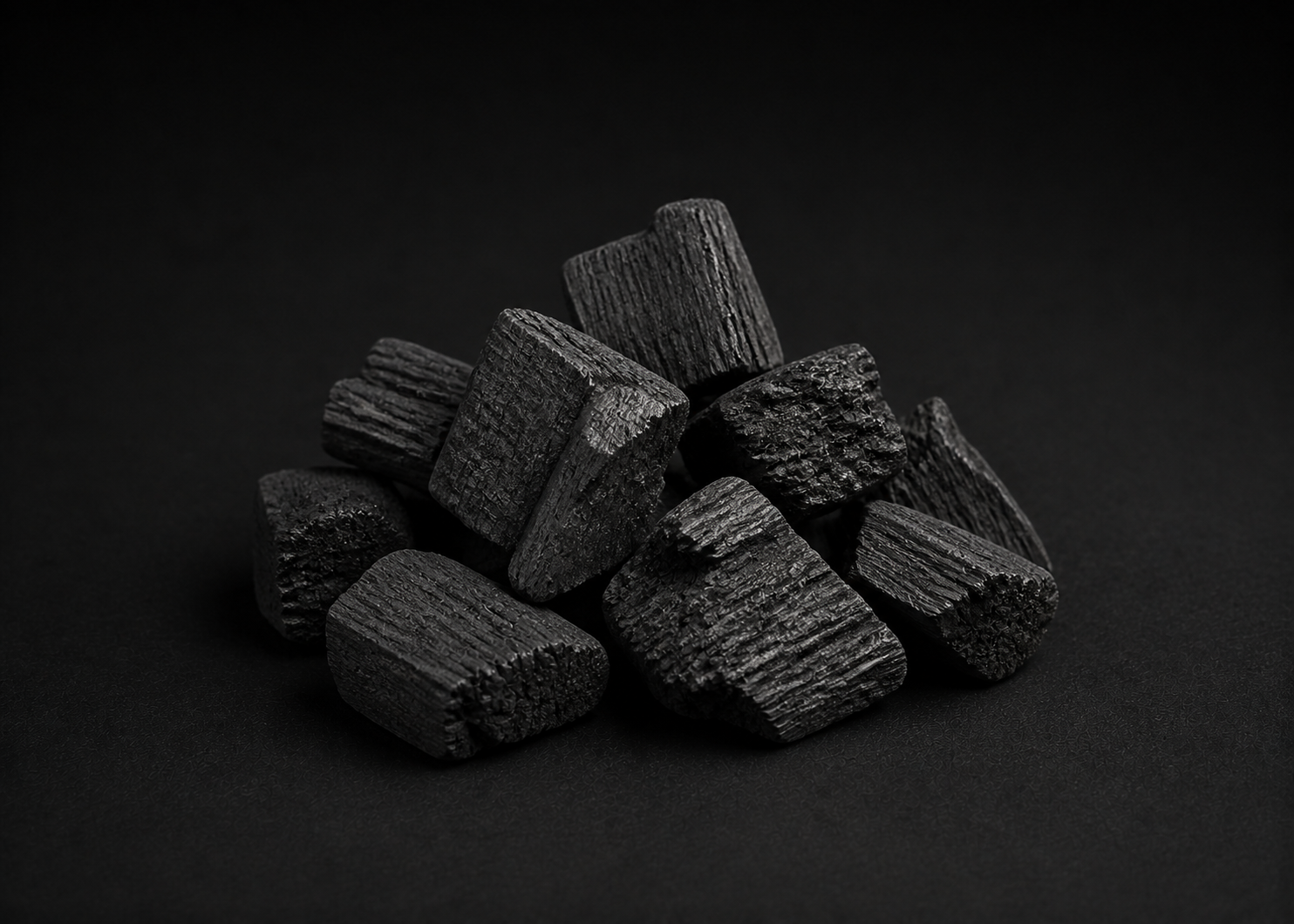 Illustrative group of unlit lump wood charcoal pieces