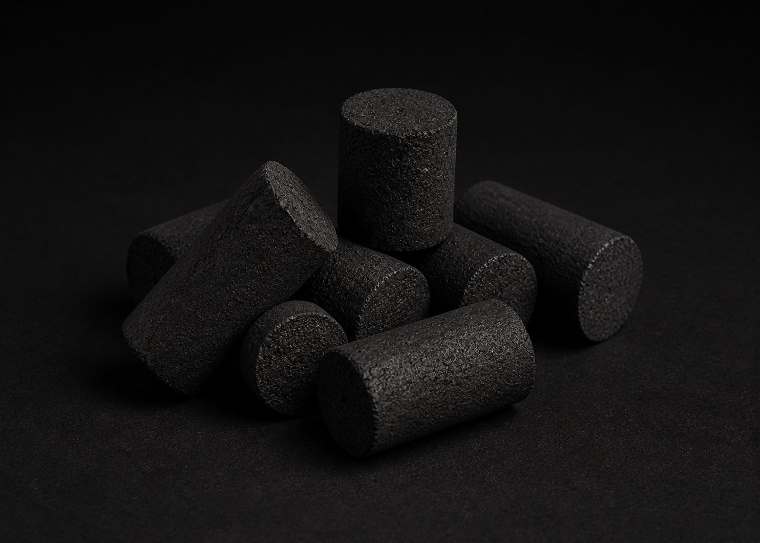 Illustrative group of unlit cylindrical coconut-shell charcoal pieces