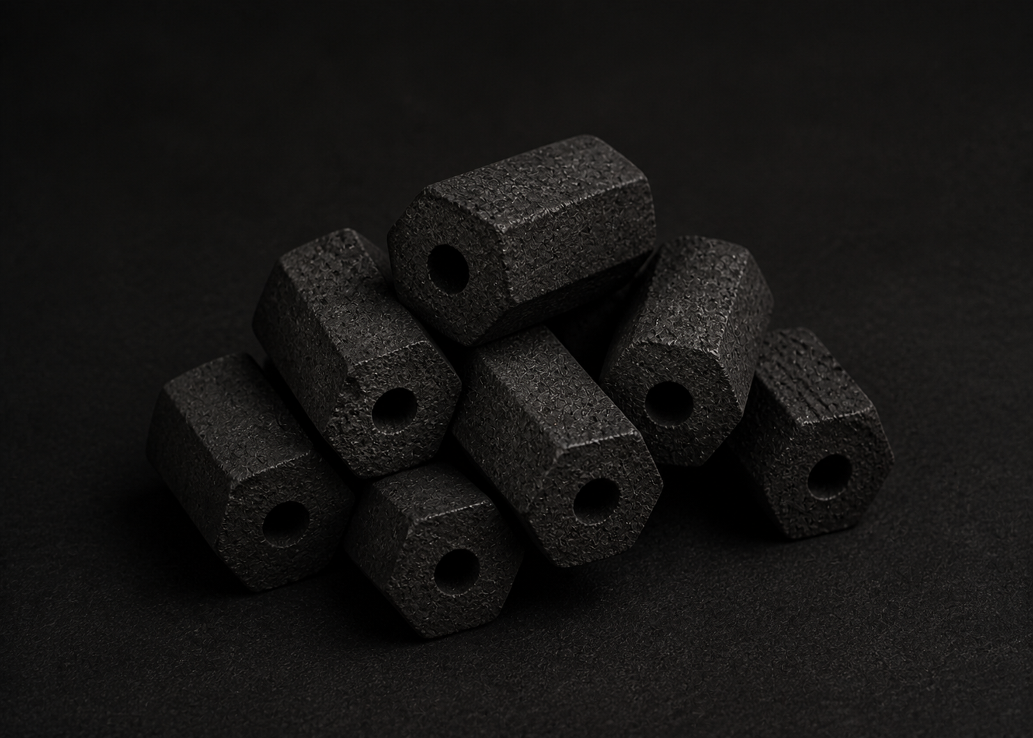 Illustrative group of unlit hexagonal coconut-shell charcoal pieces